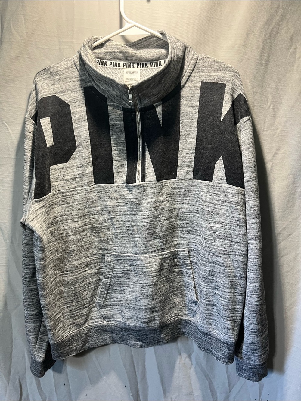 Victoria's Secret PINK Heather Gray Black Logo Half-Zip Sweater